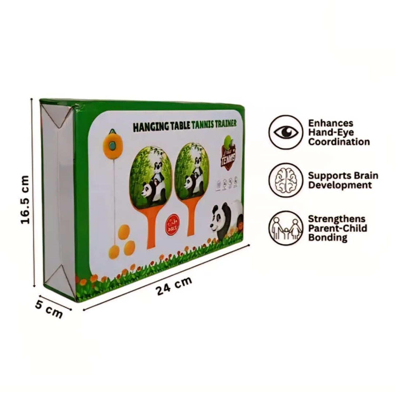 Packaging box of hanging table tennis trainer set for kids with panda paddles