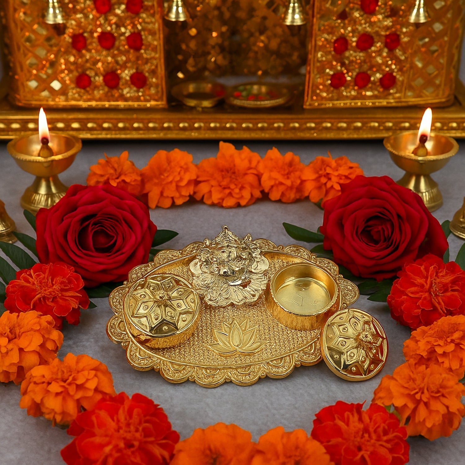 Side view of Ganesh embossed roli chawal chopra highlighting textured base and design