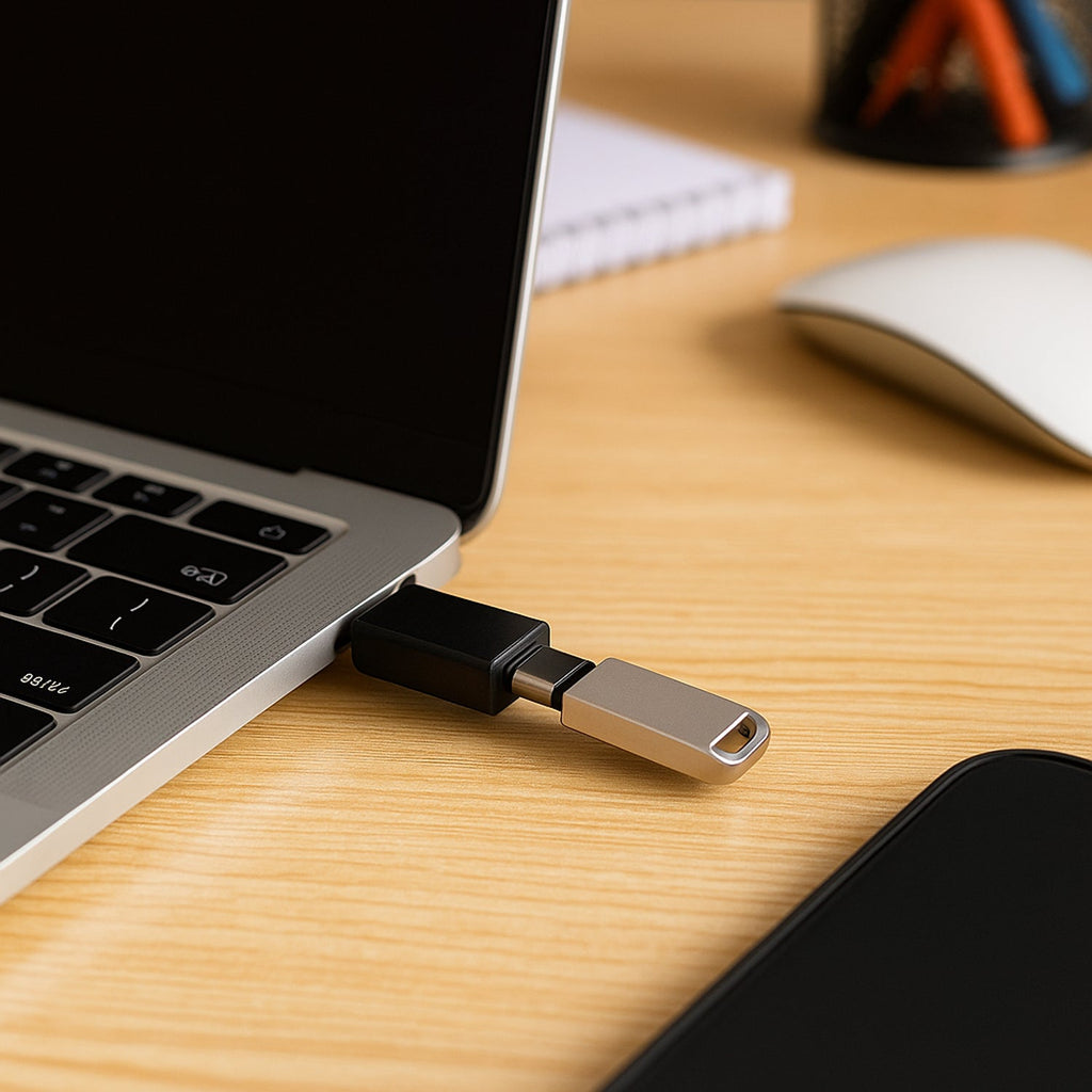 Close-up view of the durable nickel-plated connector on a USB OTG adapter.