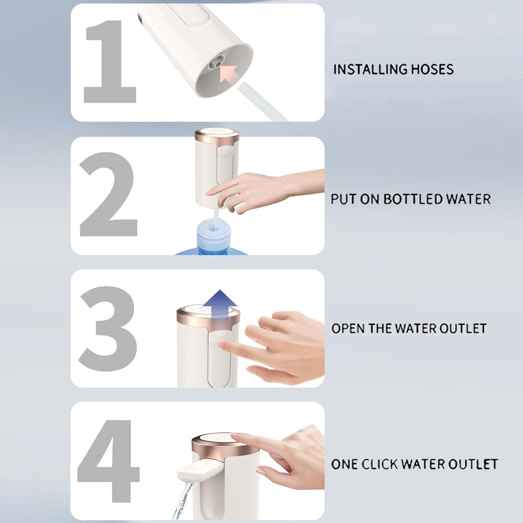The automatic water dispenser demonstrating compatibility with various bottle sizes.