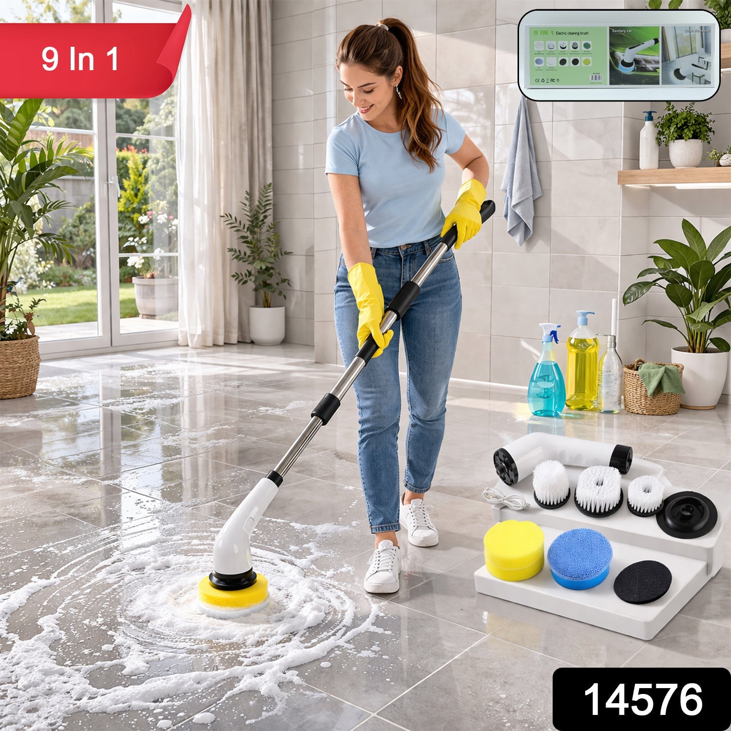 Woman using the cordless electric spin scrubber to clean bathroom tiles effortlessly.