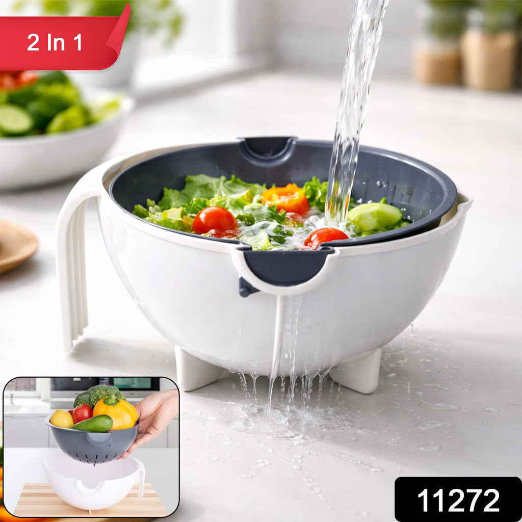 Vegetable washing bowl with built-in strainer and ergonomic handle