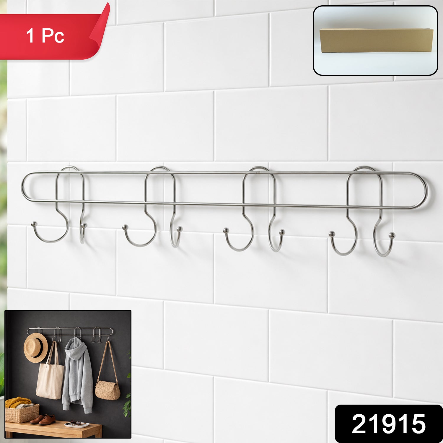 Metal hook rack for hanging clothes, bags, and accessories in home and office