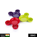 Vibrant Mickey shaped kids snack plate with multiple sections.