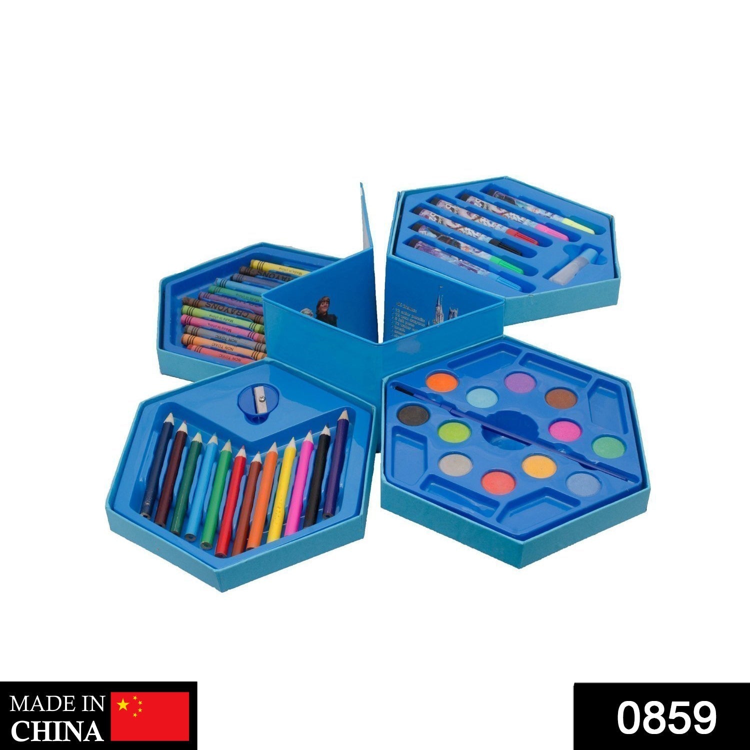 Open 46 Pcs Kids Art Set displaying crayons, watercolours, and sketch pens for children.