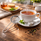 Complete stainless steel tea strainer set displayed on kitchen counter