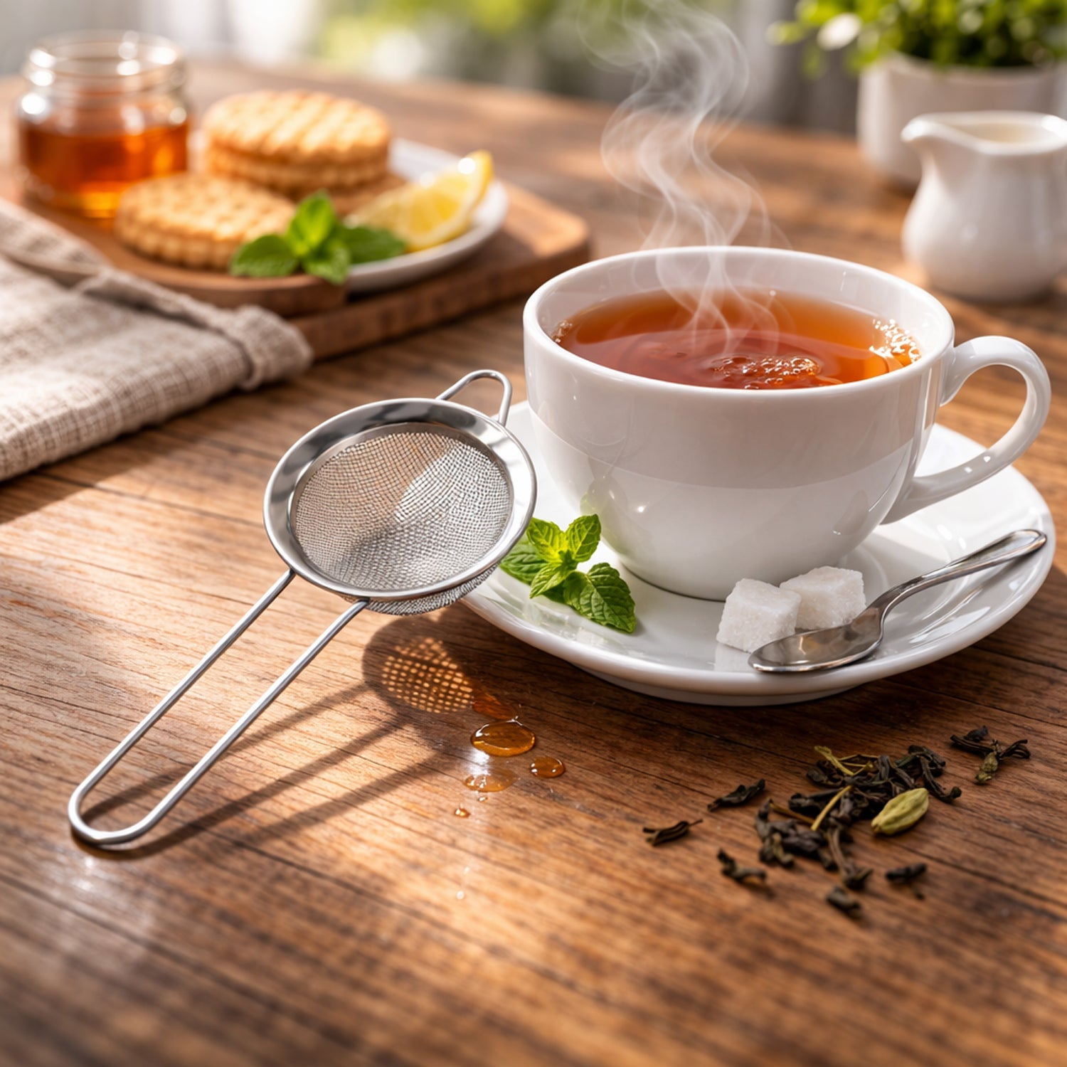 Complete stainless steel tea strainer set displayed on kitchen counter