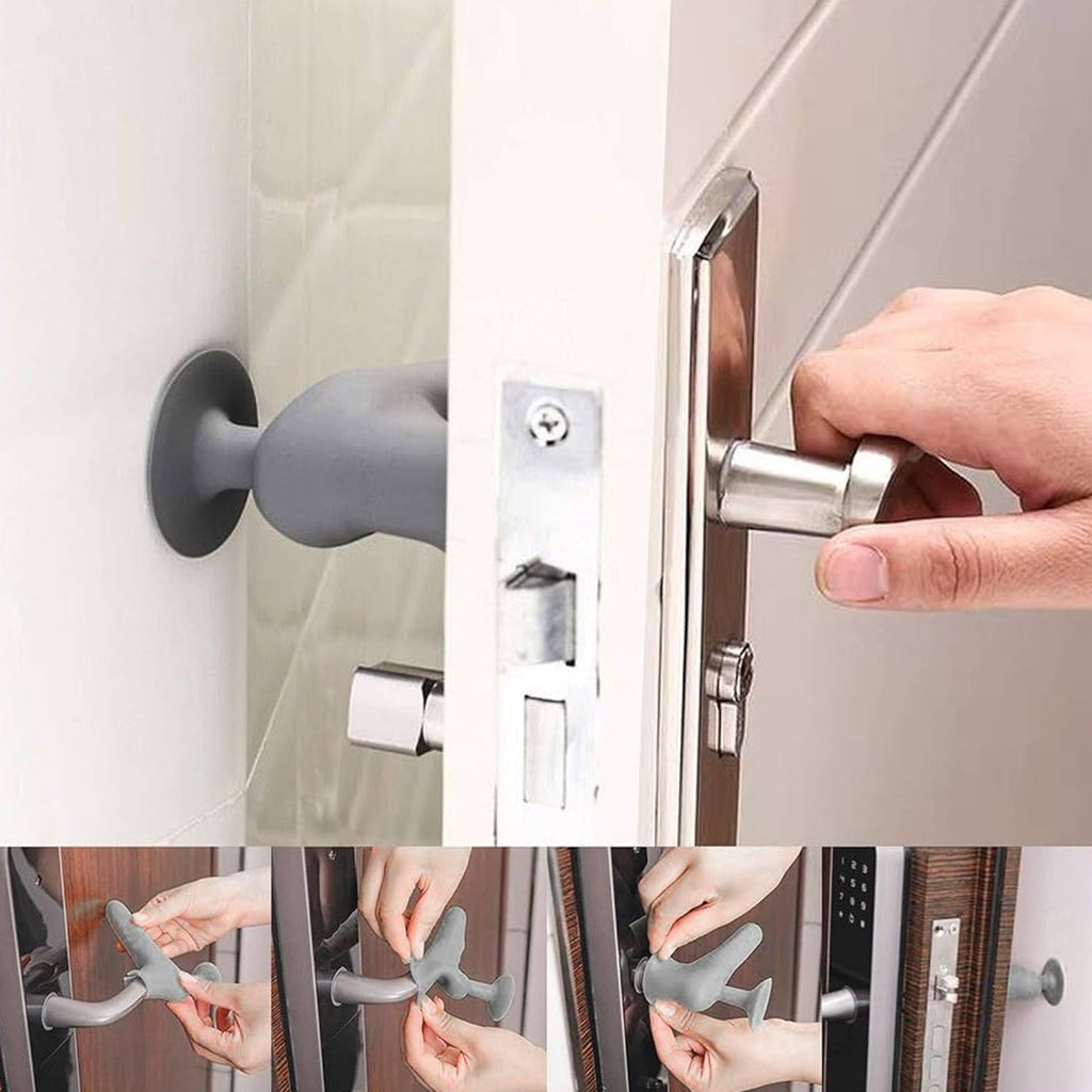 Silicone door handle protector preventing a door handle from hitting the wall.
