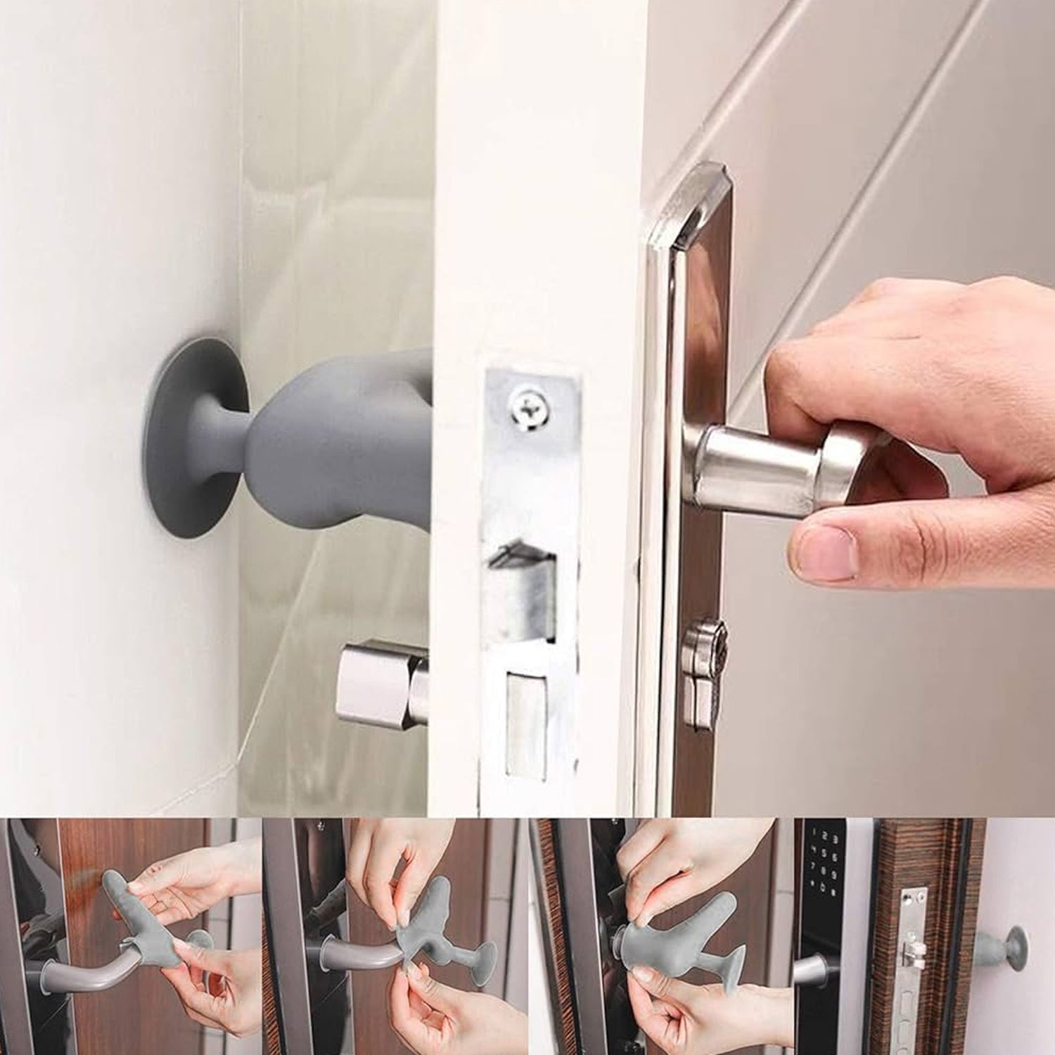 Silicone door handle protector preventing a door handle from hitting the wall.