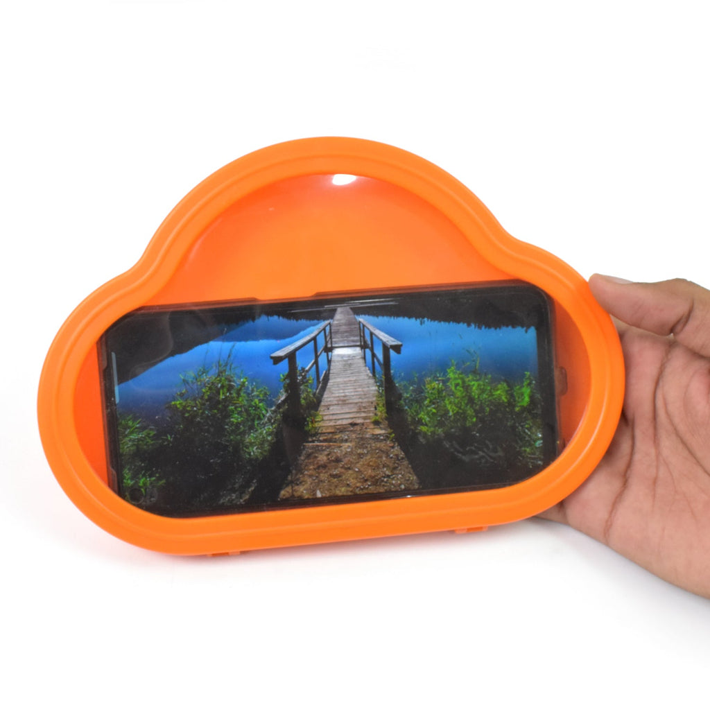 Orange waterproof mobile stand securely holding a smartphone, mounted on a bathroom wall.