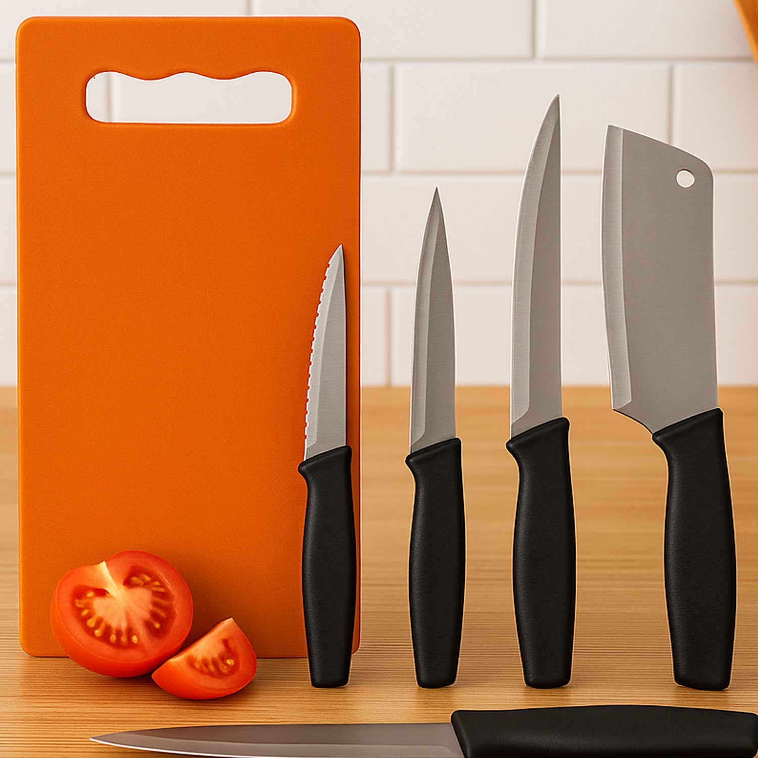 Tempered stainless steel kitchen knives next to plastic chopping board