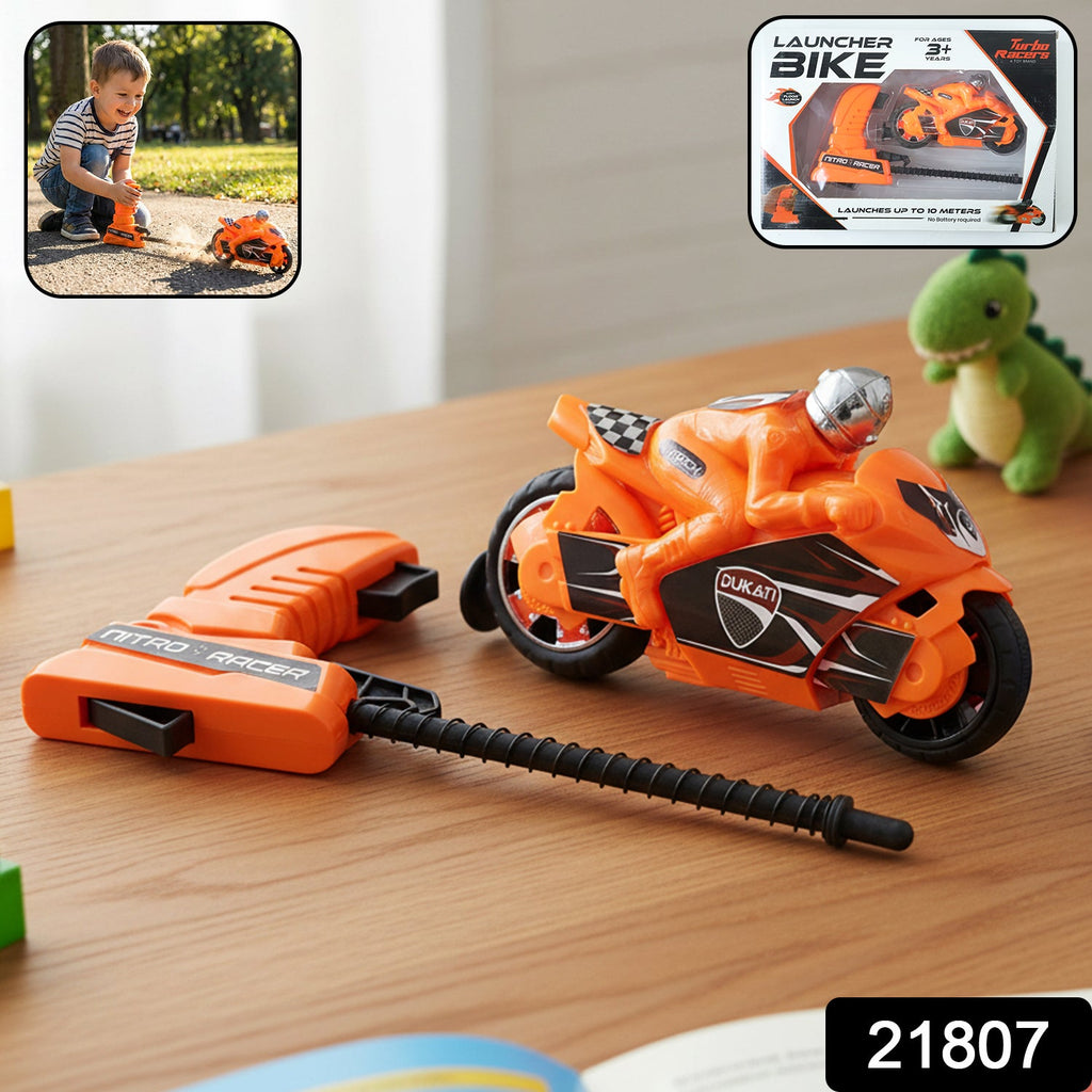 Kids' launcher racing bike toy speeding forward on a flat surface