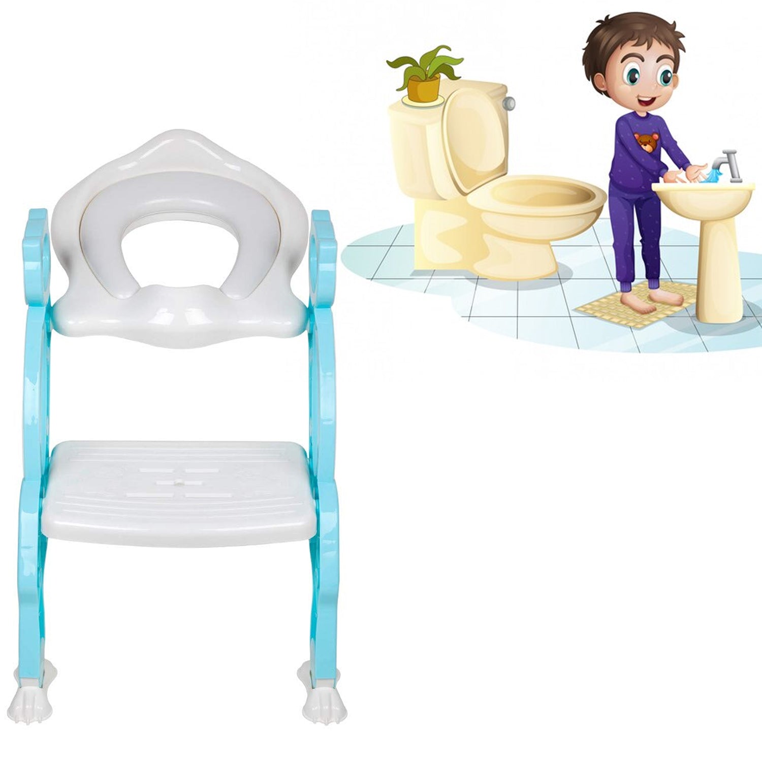 2-in-1 potty training ladder for easy toilet access, shown in a clean bathroom.