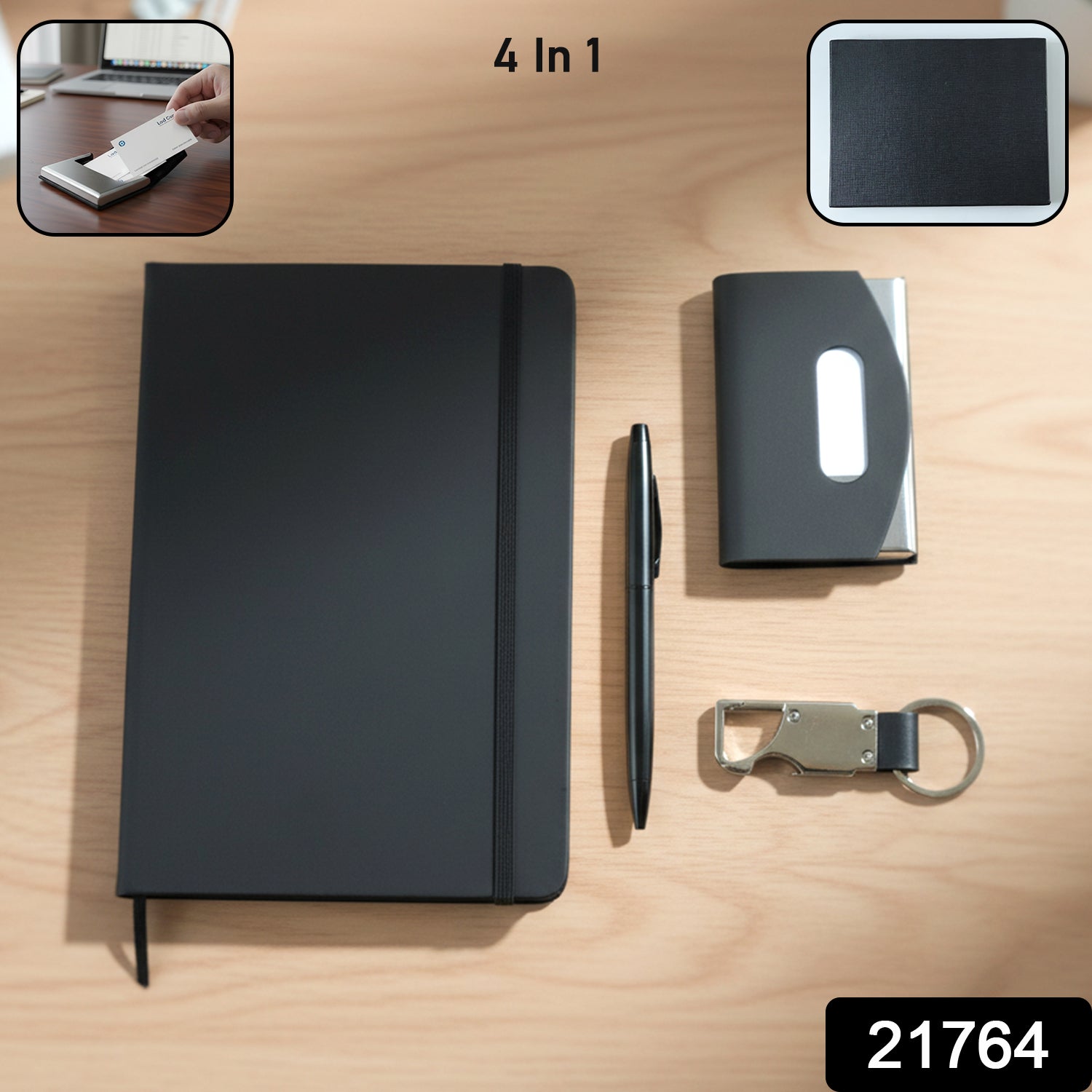 Executive travel essentials gift set with notebook, pen, card holder, and keychain