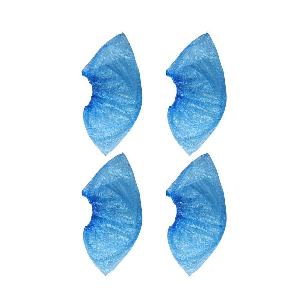 Set of blue disposable shoe covers suitable for indoor and outdoor use.