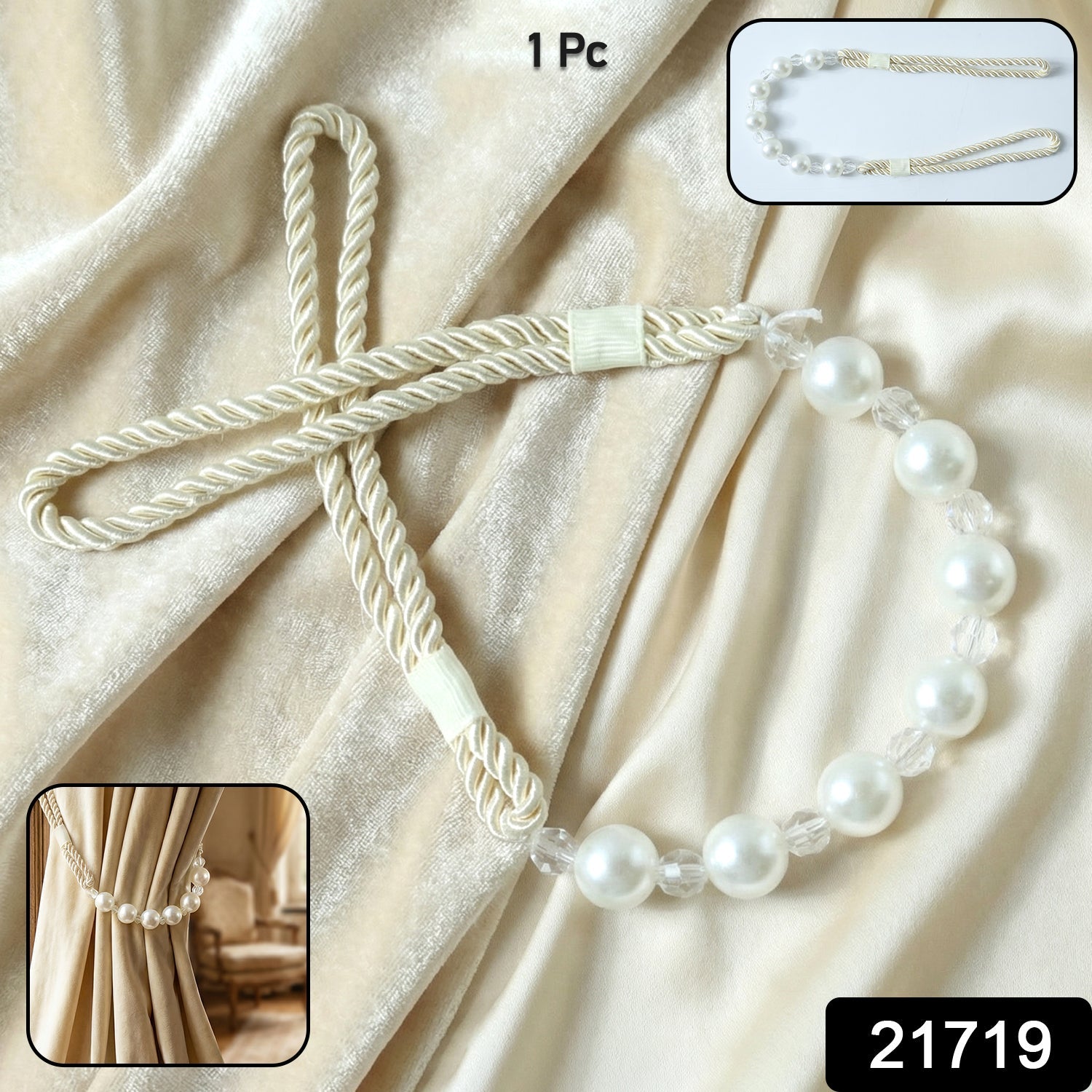 Decorative pearl curtain holder with twisted rope design