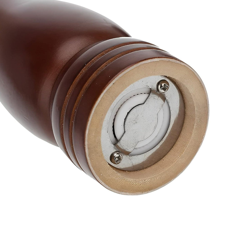 Simple and unbranded image of the functional wooden pepper mill against a white background.