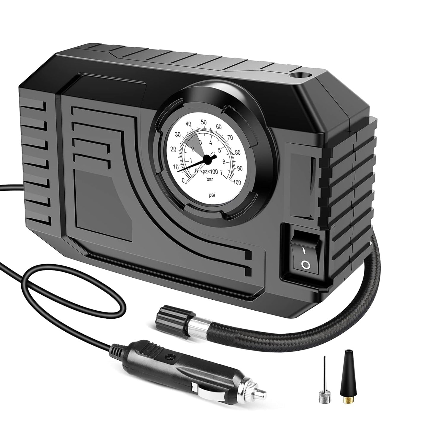 Portable tire inflator with its bright LED light illuminated for night use.