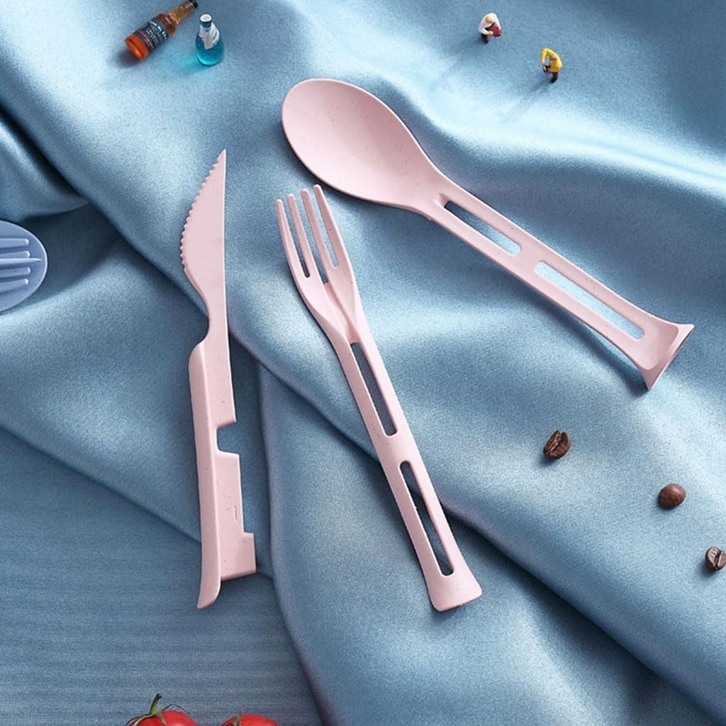 The 3-in-1 reusable spoon, fork, and knife set neatly folded into its compact travel form.