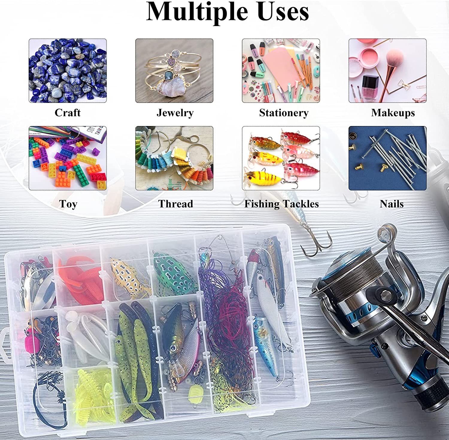 Clear plastic organizer box with adjustable dividers for craft supplies.