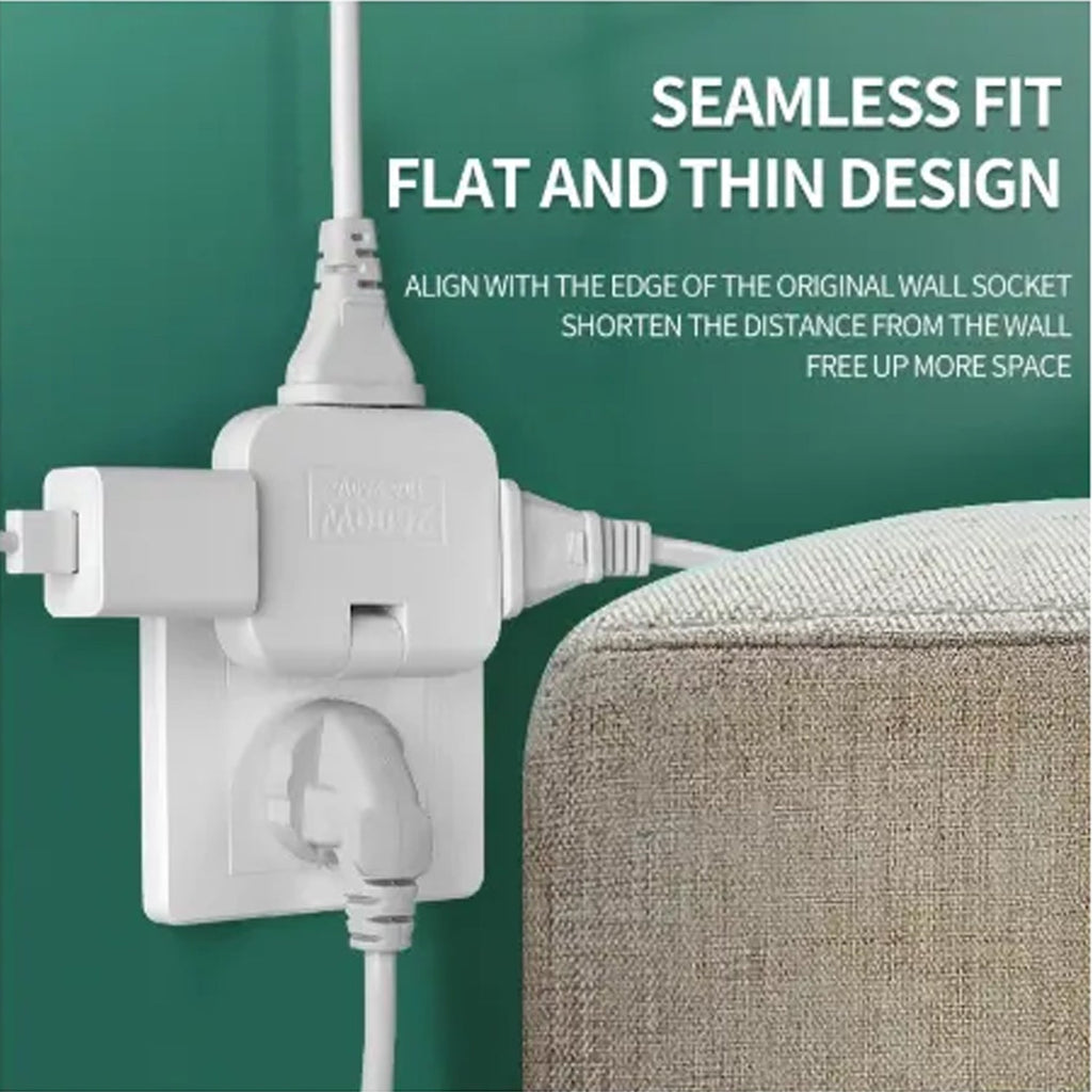 Diagram illustrating the flexible 180-degree rotation feature of the multi-plug power socket.