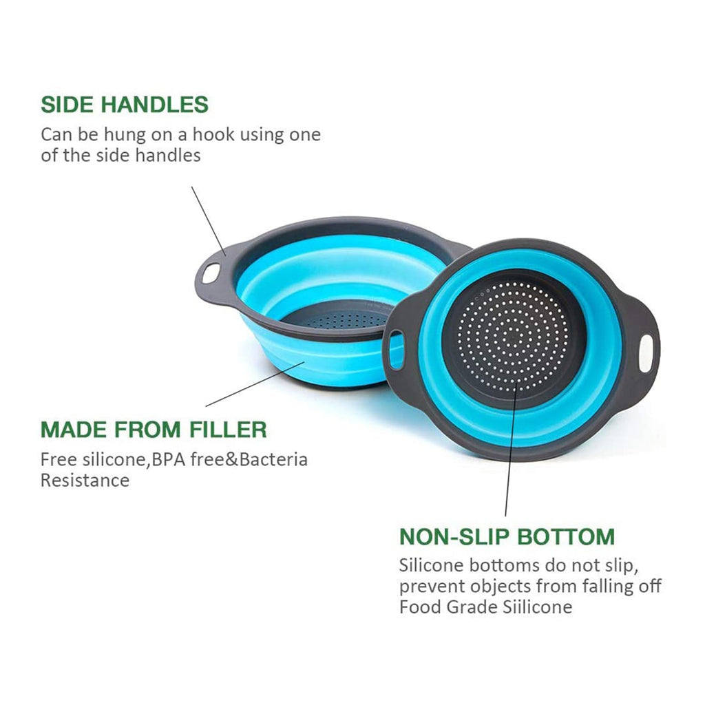 Flexible silicone strainer collapsing for space-saving storage.