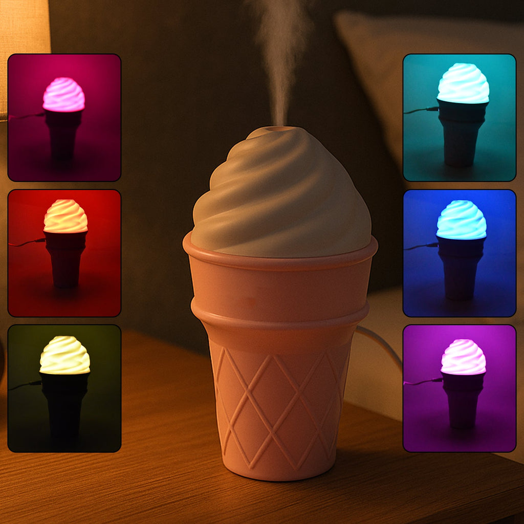 Dual use air freshener and aroma humidifier shaped like an ice cream cone