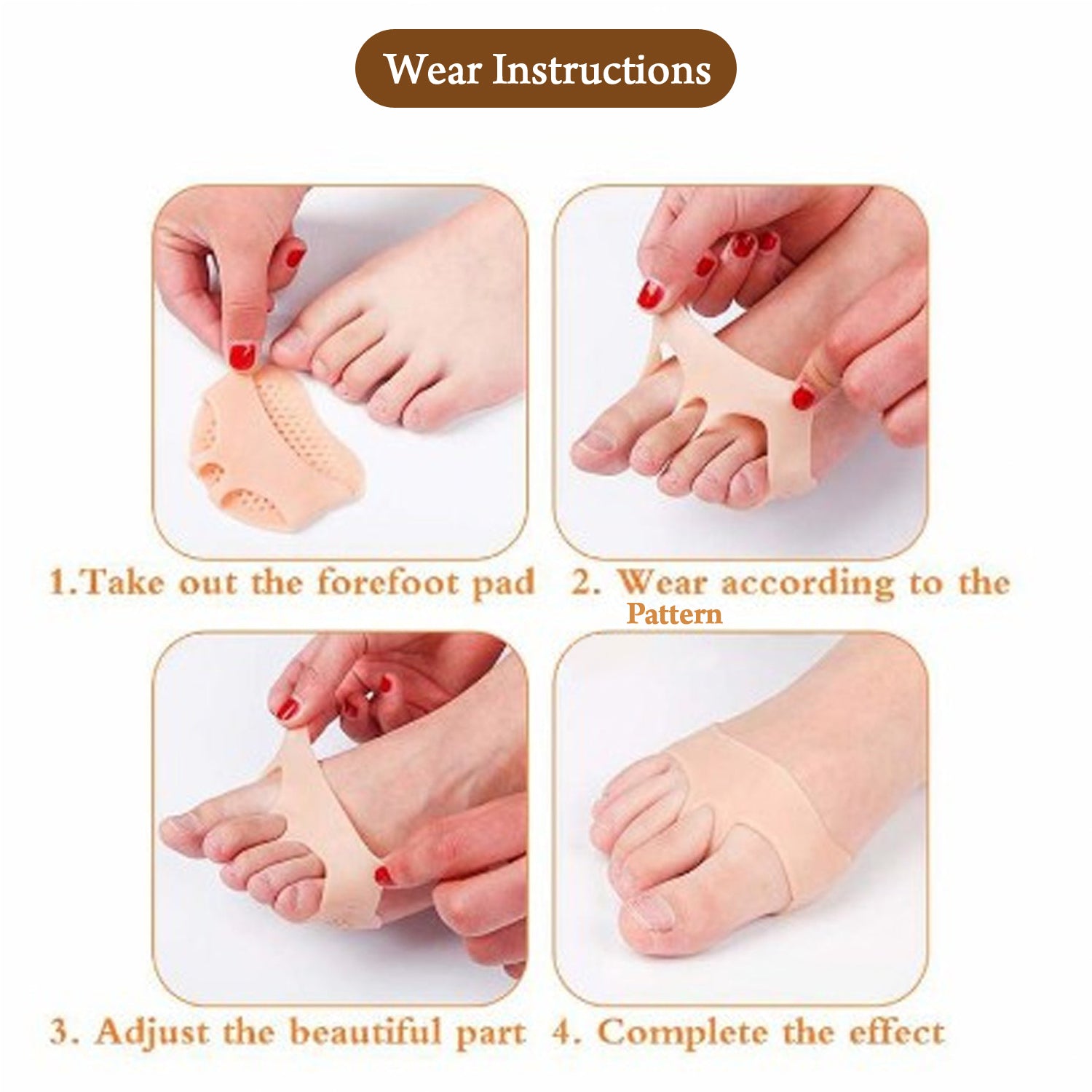 Diagram demonstrating the flexible and adaptable design of the tiptoe protector for various feet.