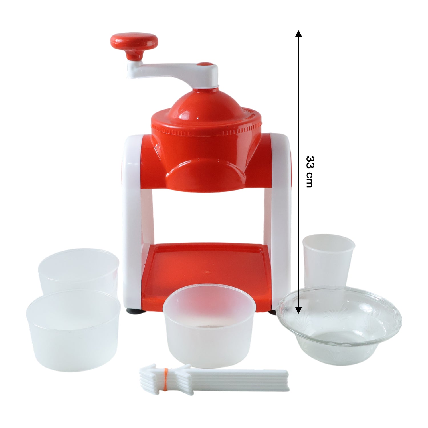 Hand crank snow maker with transparent top, showing ice cubes inside.