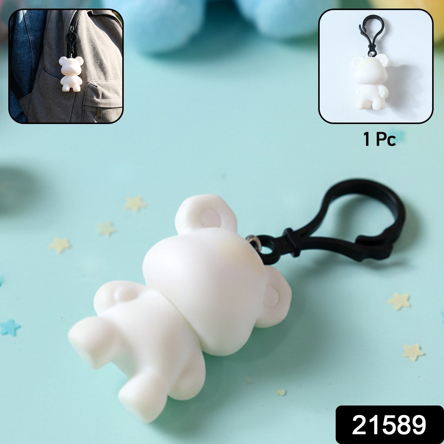 Cute cartoon bear figure keychain hanging from bag zipper pull