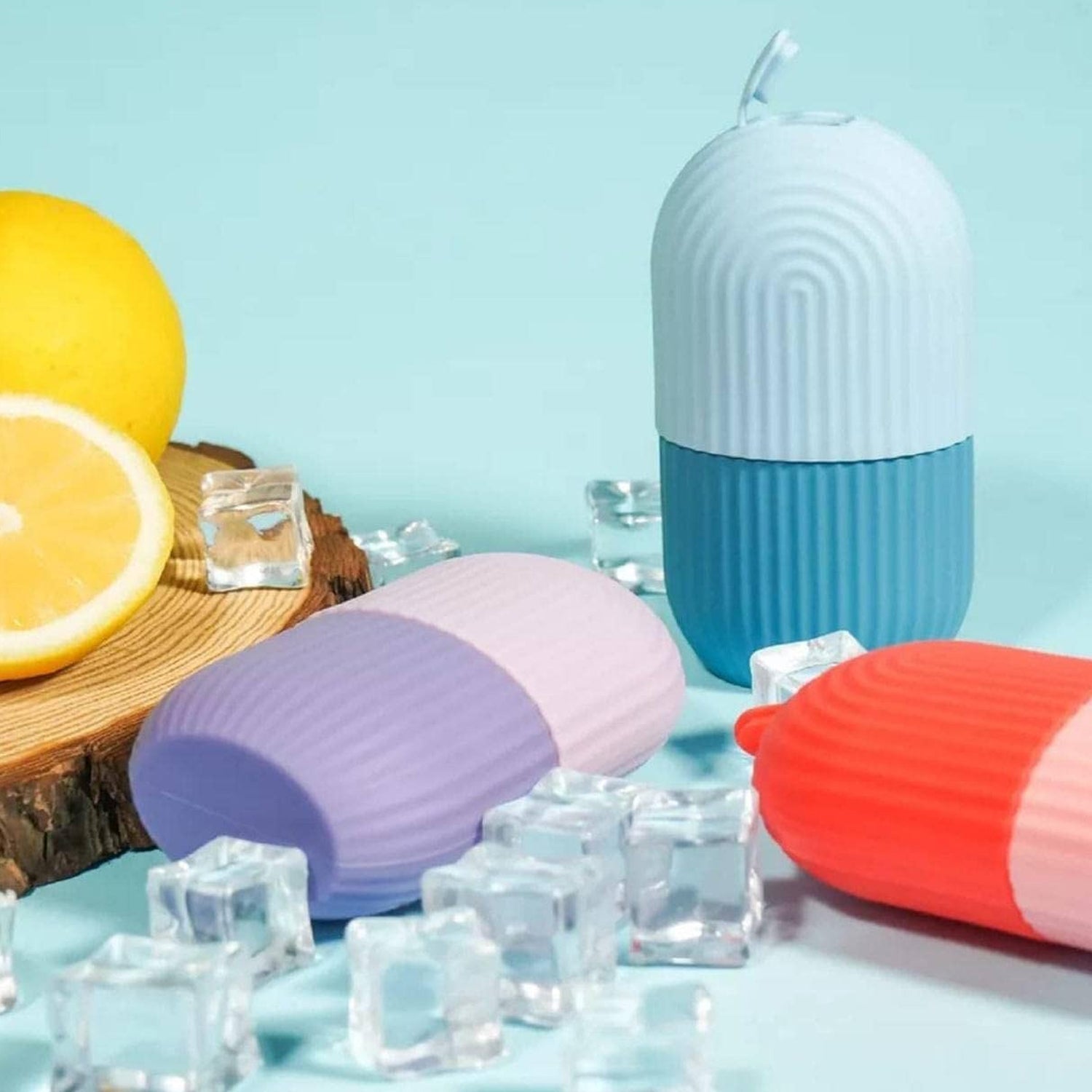Person gently using the purple ice roller on their cheek to reduce puffiness.