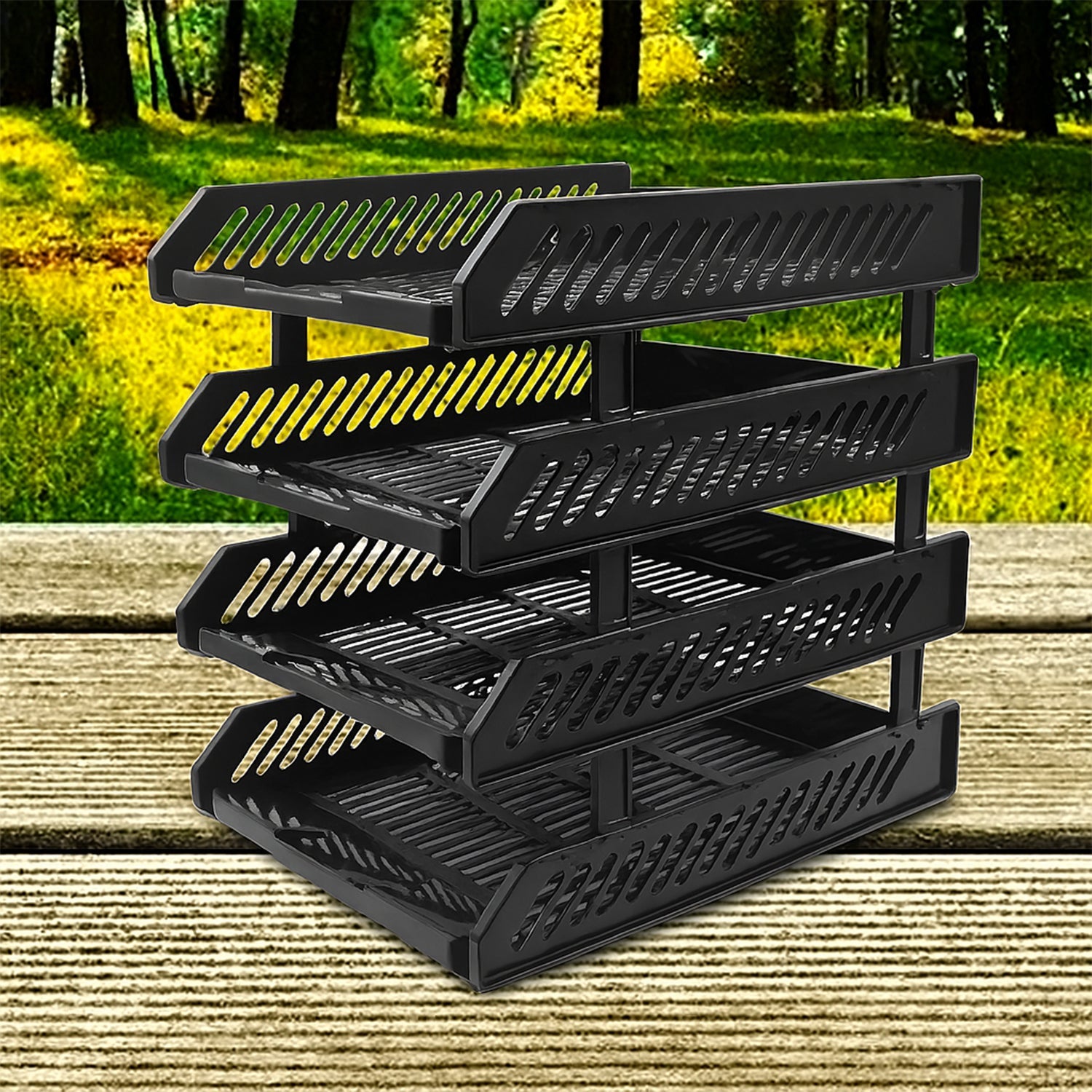 Side angle view of the office file rack positioned on a clean desk.