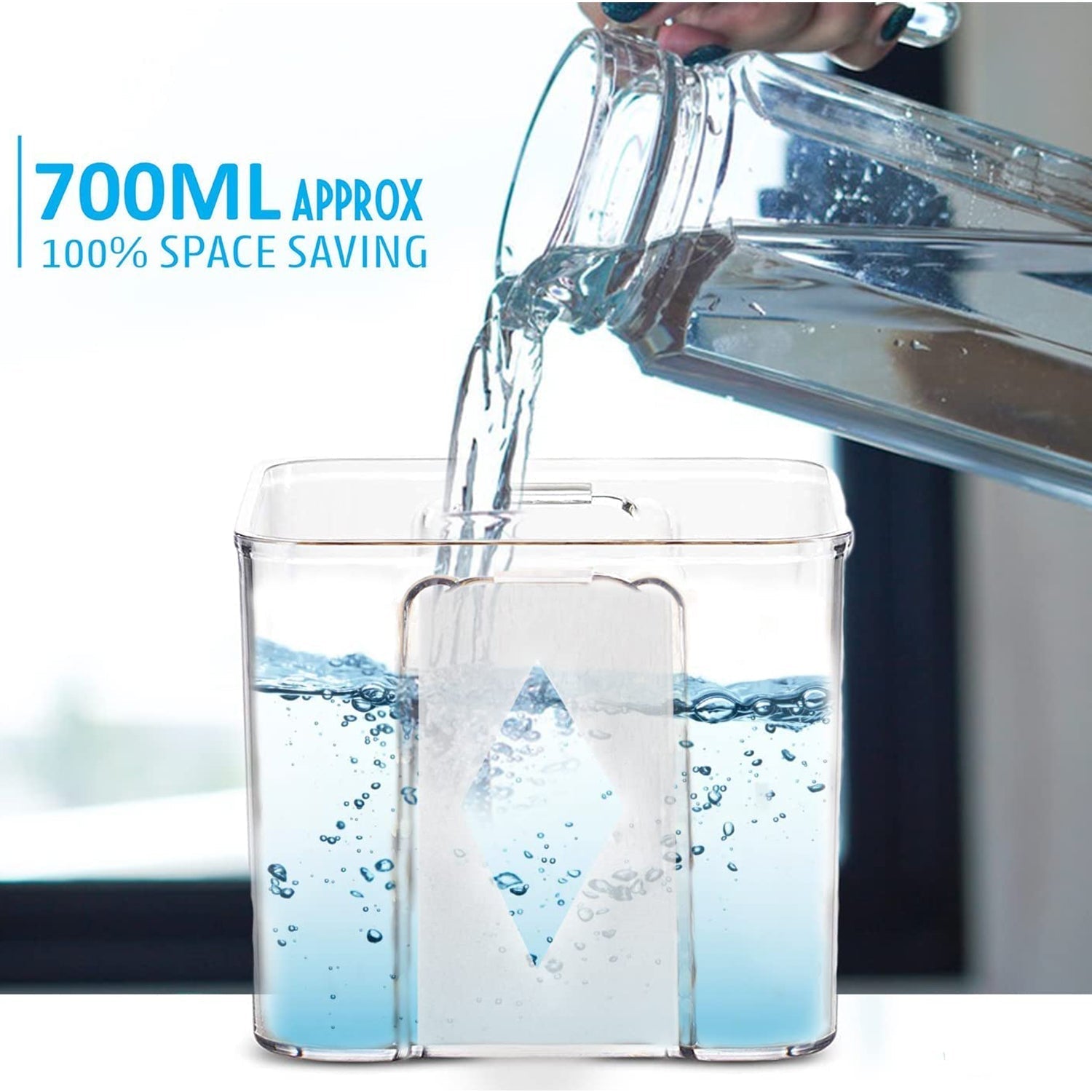 Four 700ml clear square containers with lids, ready for efficient kitchen storage.