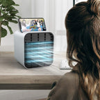 Mini air cooler fan showing side profile and handle