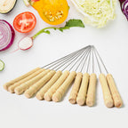 Detailed view of the heat-resistant wooden handle on a stainless steel grill skewer.