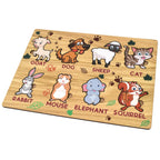 Wooden animal puzzle featuring a lion, elephant, and other jungle animals.