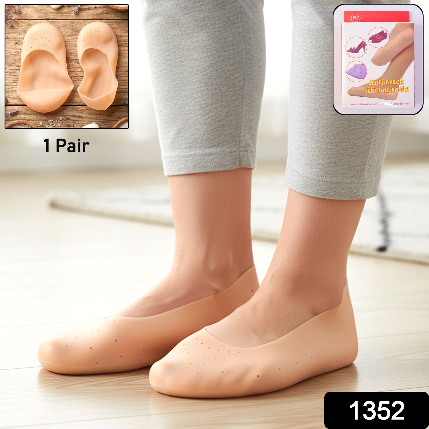 Pair of soft silicone heel protector socks to protect cracked heels