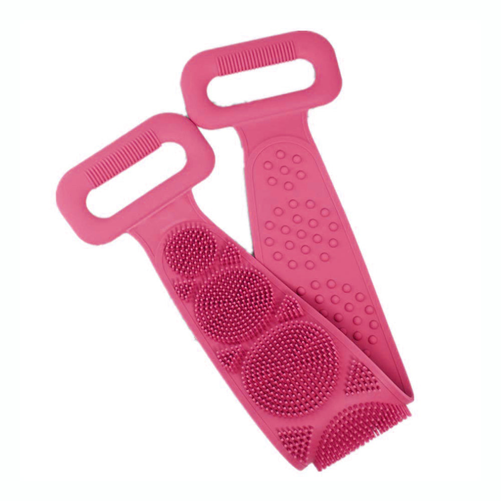 Silicone body scrubber with belt design, available in various colors.