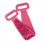 Silicone body scrubber with belt design, available in various colors.