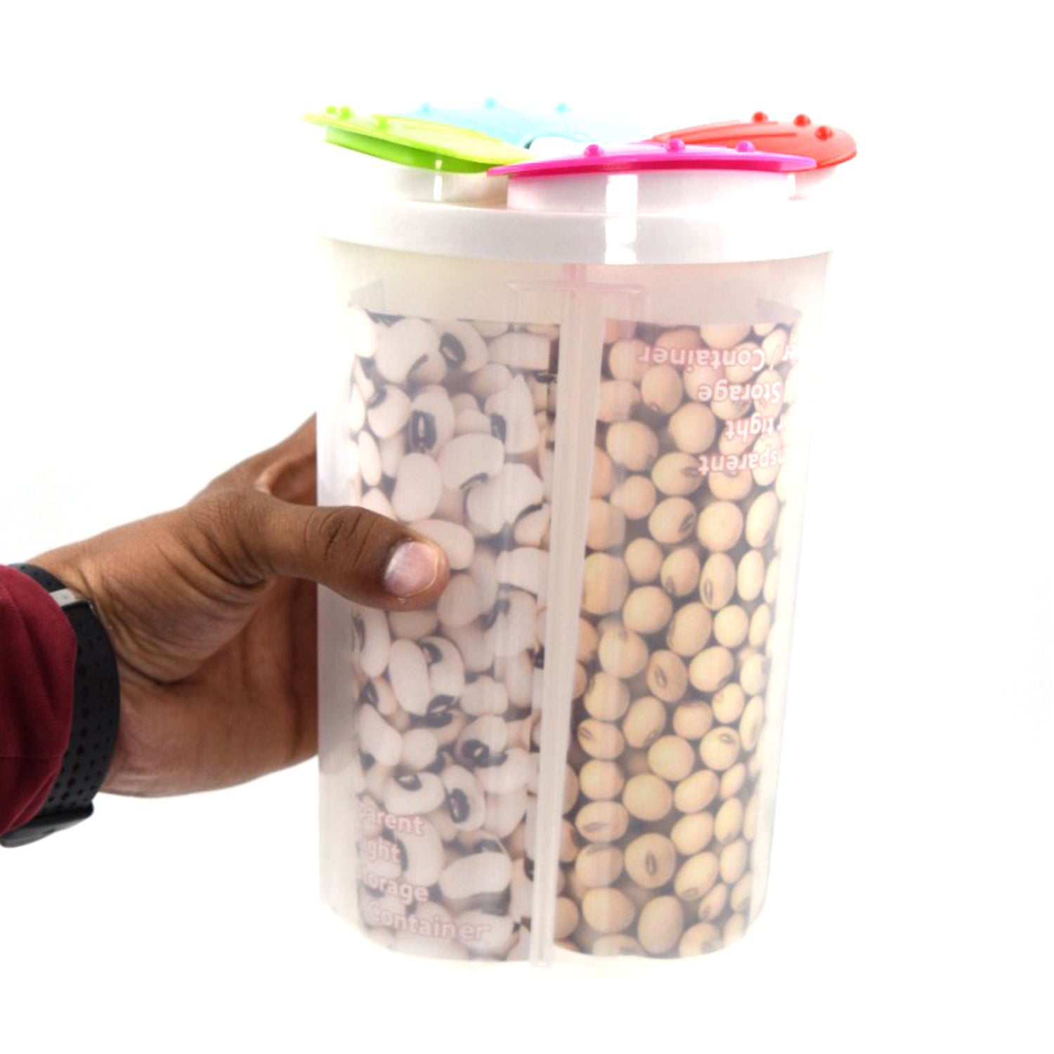 Transparent multi-compartment storage jar with a convenient dispensing spout.