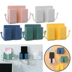Detail of the wall-mounted phone holder's robust construction and multi-functional hook.