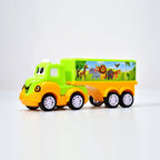 Close-up of the durable tires on the green and yellow toy truck.