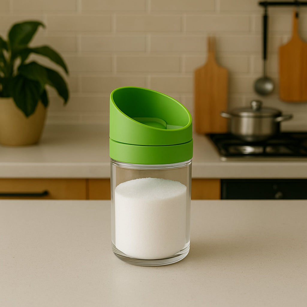 Detailed view of airtight kitchen storage jar lids with slant design