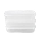 A stack of three Konvex plastic lunch boxes, ideal for efficient kitchen organization.