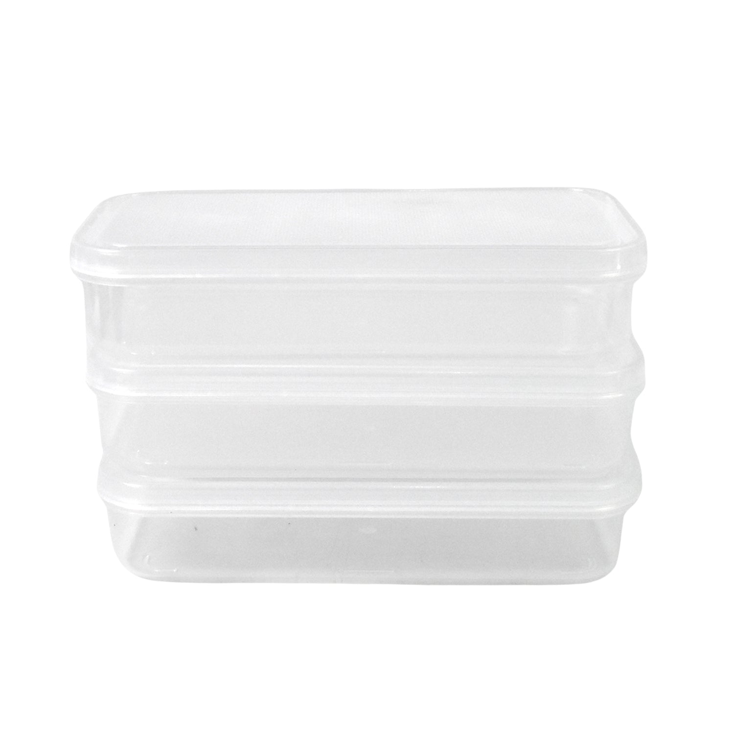 A stack of three Konvex plastic lunch boxes, ideal for efficient kitchen organization.