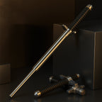 The durable metal shaft of the Folding Walking Stick demonstrating its strength against a brick.