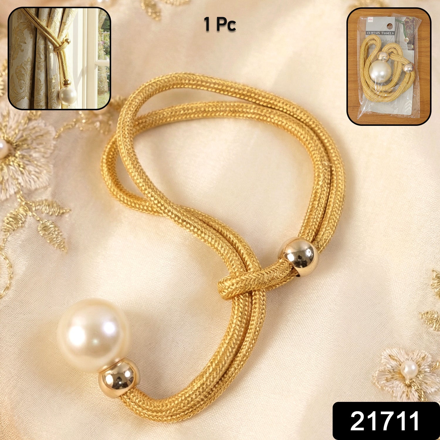 Close-up of curtain tassel featuring braided rope and pearl accent