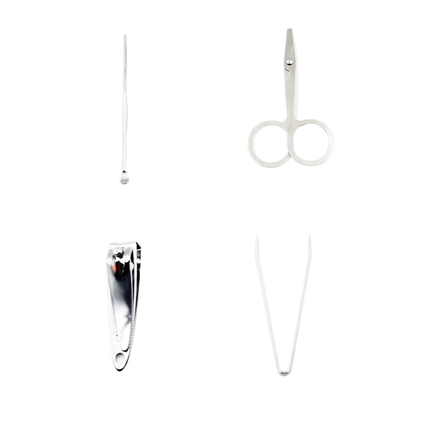 Close-up of a sharp surgical-grade stainless steel nail clipper from the set.
