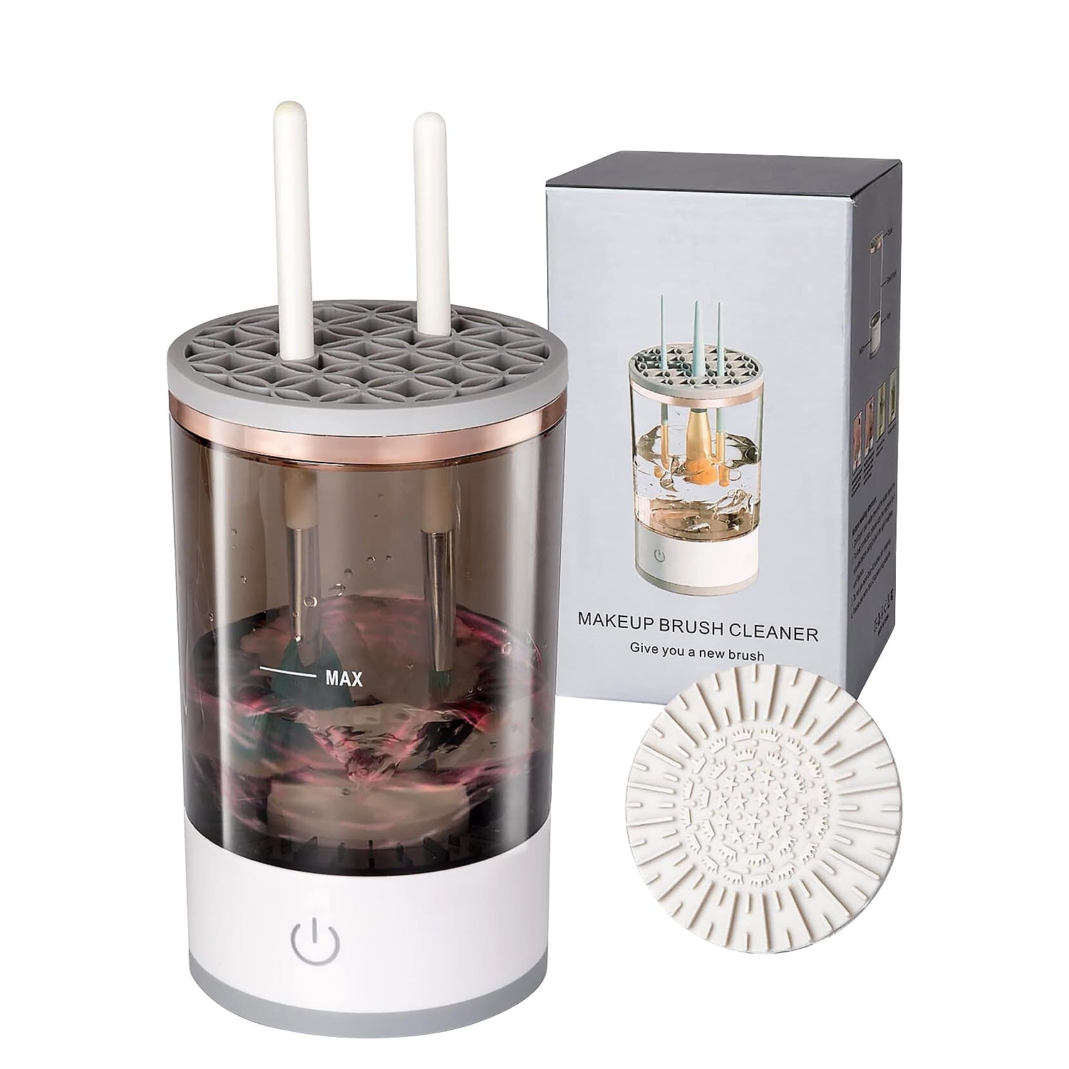 Automatic makeup brush cleaner powered by a convenient USB cable.