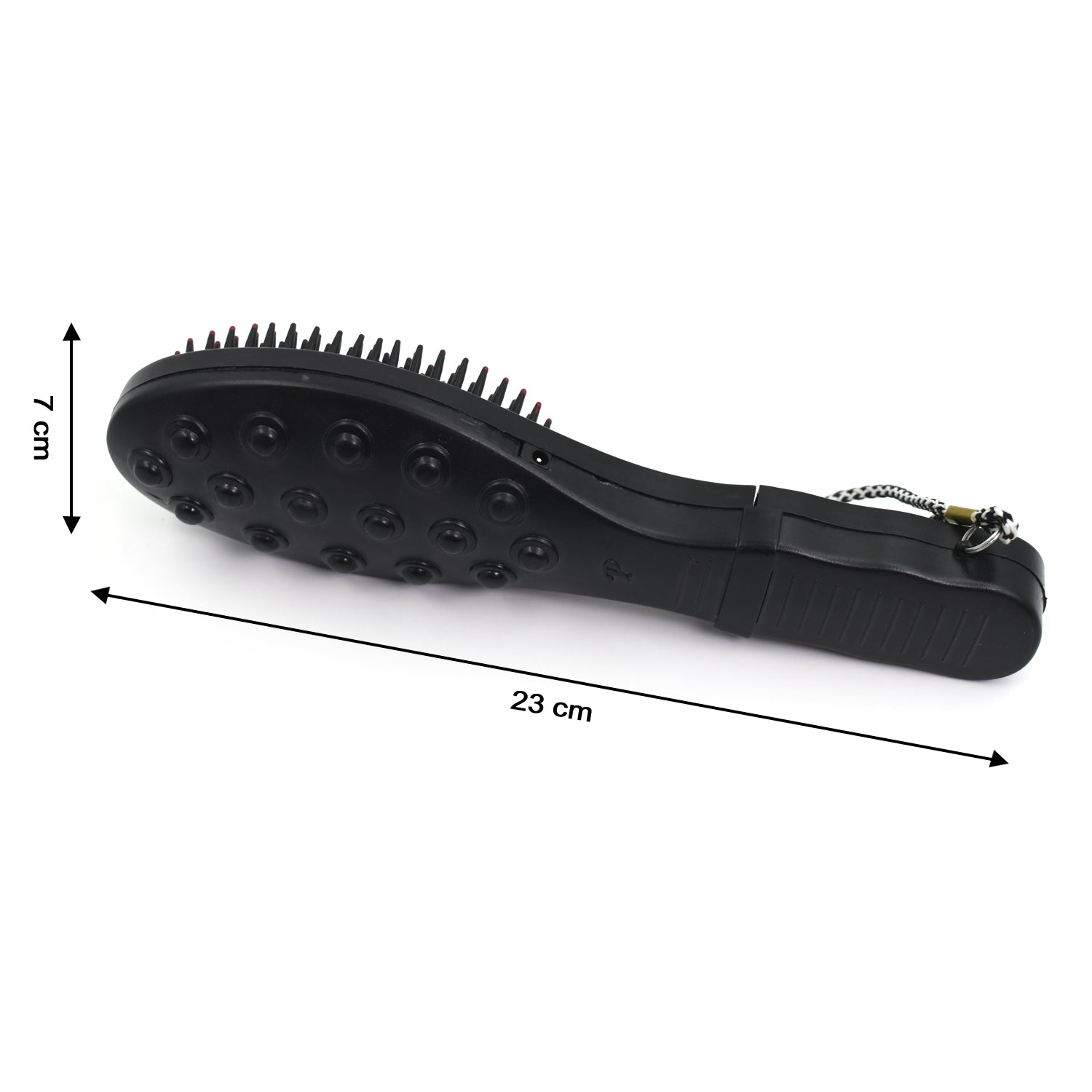 Side view of the electric hair massager comb in black.